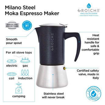 Grosche Miilano Stainless Steel Induction Friendly Stovetop Espresso Moca Maker