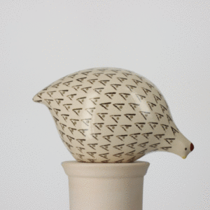 Small white hen with black markings