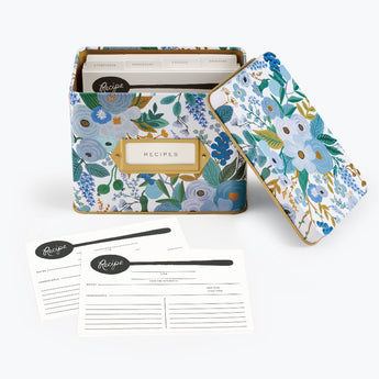 Rifle Paper Garden Party Blue Tin Recipe Box. With Recipe Cards and Divider