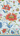 Decorative floral pattern with red flowers and blue leaves on a white background
