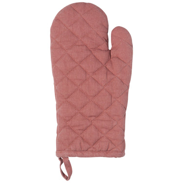 Pink quilted oven mitt on a white background
