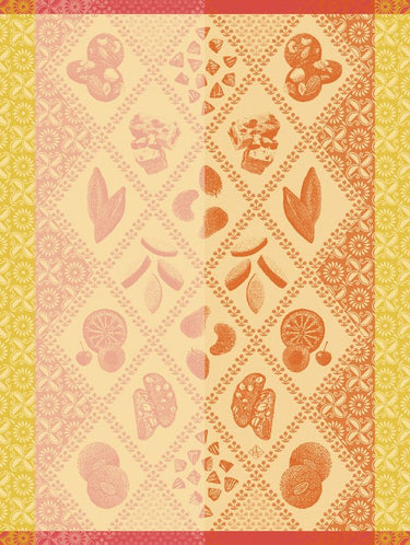 Decorative patterned paper with geometric shapes and a border on a yellow background