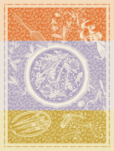 Decorative design with a central plate surrounded by floral elements on an orange, purple, and yellow background.