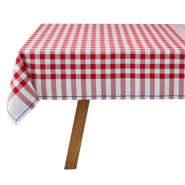 Red and white checkered tablecloth on a wooden table with a white background