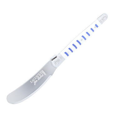 White straight razor with blue accents on a white background