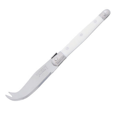White garden tool with curved blade on a white background