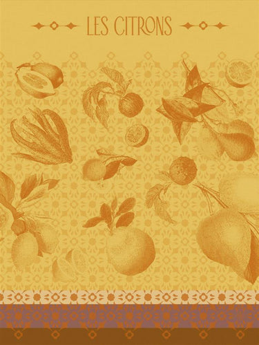 A rectangular tea towel featuring the words 'LES CITRONS' at the top, with scattered citrus fruit illustrations in a muted orange-yellow palette. The design includes a patterned border along the bottom with red, yellow, and rust red
