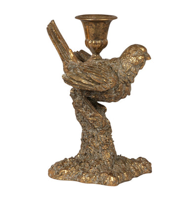 Gold colored resin taper candle holder in the shape of a bird