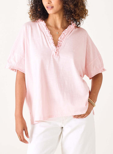 Amelia Short Sleeve Ruffle Tee Collection Shown in ‘Rose Quartz’