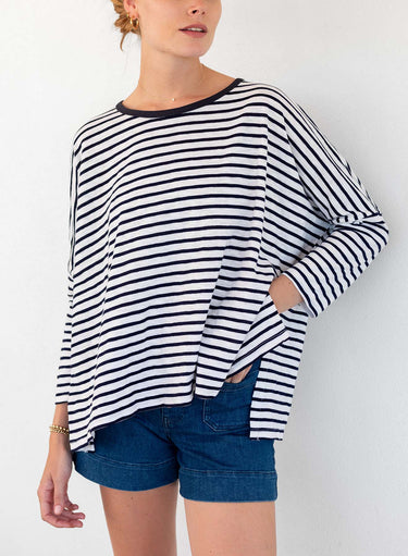 Catalina Slub Tee Petite Collection White with navy blue stripe and navy ringer collar