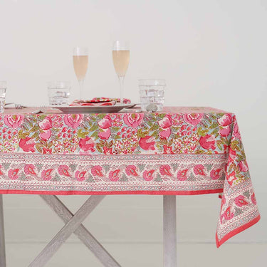Pomegranate Wildflower Garden Collection Tablecloth shown on table with place setting