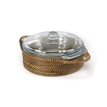Round Basket with Glass Casserole Dish with Cover
