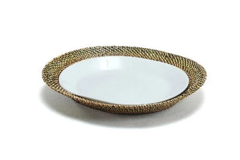 Woven tray with white ceramic platter