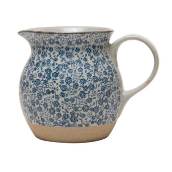 Blue and white floral stoneware pitcher