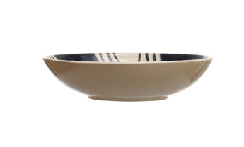 Cream and blue wide low ceramic bowl