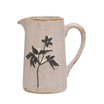 Cream and Black speckled natural stoneware pitcher with black embossed flowers