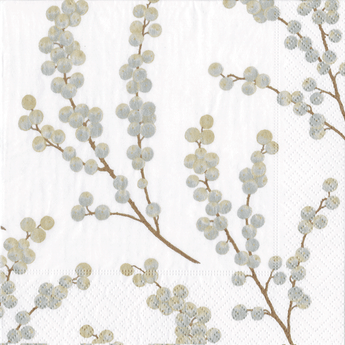 Berry Branches White and Silver Paper Cocktail Napkins
