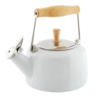 White enamelware, stainless steel, and wood tea kettle