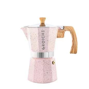 Grosche Moca Stovetop Espresso Maker in Speckled Blush Pink with Wood Handle