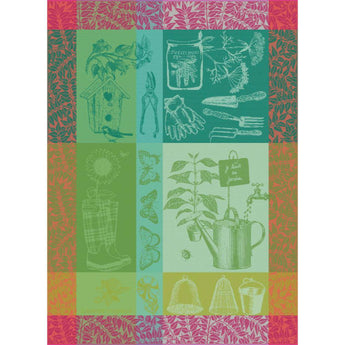 Mon Petit Jardin Printemps Tea Towel Featuring garden tools, bird house, and vibrant shades of blue, pink and green on a tea towel.