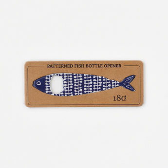 Blue and white metal fish bottle opener