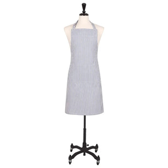Blue and white striped apron with adjustable neck and front pocket