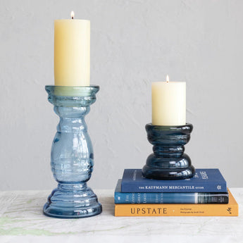 Recycled Blue Glass Pillar Holder in Small and Large