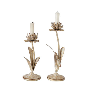 Metal Flower White Distressed Taper candle Holder