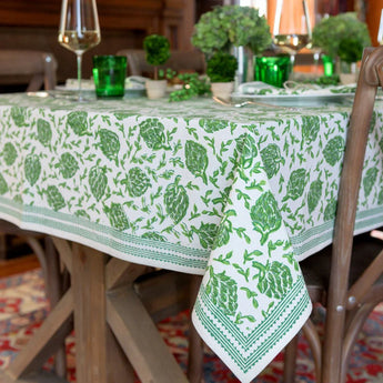 Pomegranate Dancing Artichoke Green and White Tablecloth
