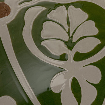 Vibrant Green, white, and brown hand-painted serving bowl