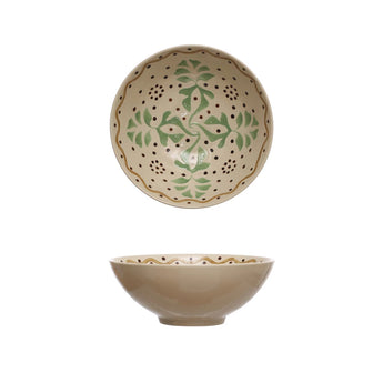 Cream with Green Design and brown accent serving bowl