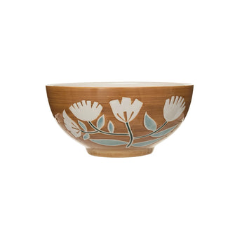 Mustard bowl with white flowers and green leaves