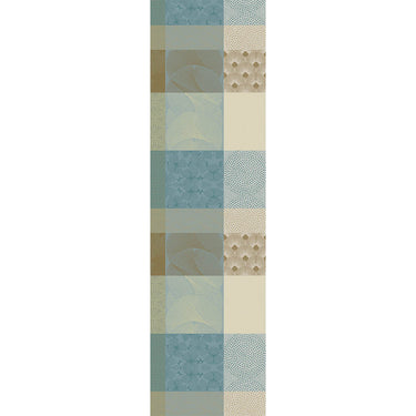 Patterned vertical strip with blue, green, and beige colors on a white background