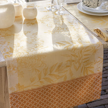 Le Jacquard Français Jardin d'Eden Yellow Table Runner. Avalaible at Welcome Home Annapolis.