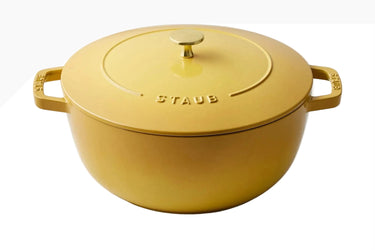 yellow dutch oven gold handle