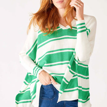 Catalina V-Neck Sweater | White/ Jade Stripe