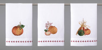 Fall tea towels. One pumpkin. One with two pumpkins. One with pumpkins and gourds. 