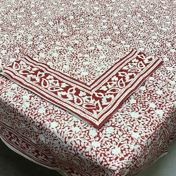 Red and White Block Print Floral Tabelcloth by Natural Habitat, available at Welcome Home in Annapolis