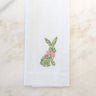 Arte Italica and Crown Linen Designs Embroidered Bunny Tea Towel. Bunny is green with pink ribbon.