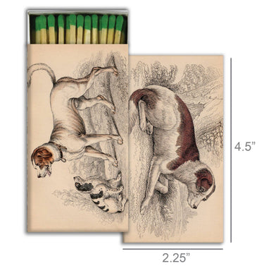 Matchbox with illustrations of dogs on a beige background