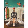 Illustration of a woman in a stylish outfit with birds and a decorative interior.