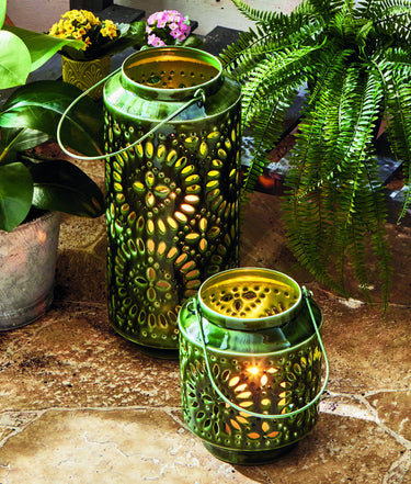Small Aura Enamel Iron Lantern | Green Shown with candles and larger sized lantern