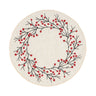 A round off-white fabric placemat featuring an embroidered wreath design with red berries and black branches, shown on a solid white background.
