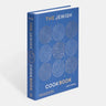 Blue cookbook with spiral patterns and 'The Jewish Cookbook' text on a white background