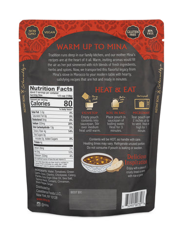 Package of 'Warm Up to Mina' food with nutritional information and cooking instructions.