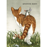 Illustration of a cat with a mouse on its back, standing in grass with 'Adventure Awaits' text above.