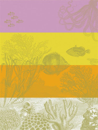 Colorful patterned paper with ocean-themed illustrations on a purple, yellow, and orange background.