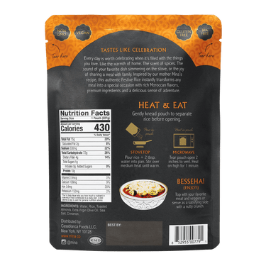 Back of a food package with nutritional information, cooking instructions, and branding.