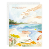 Greeting card with watercolor illustration of a couple by a lake, text 'Holding Your Heart in My Heart'.