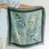 Duck Silk Scarf Features four ducks in flight with a bold striped border